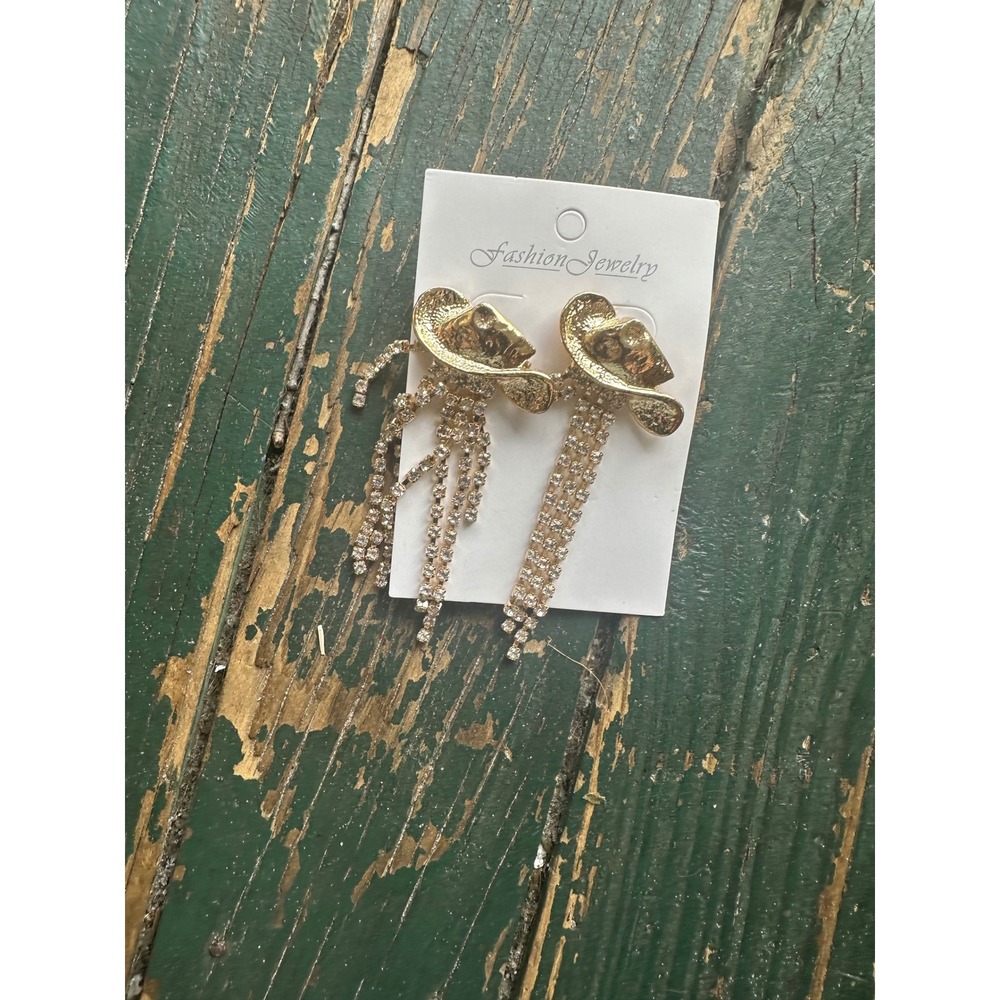 Gold Cowboy Hat Rhinestone Fringe Dangle Earrings Western Tassel Statement